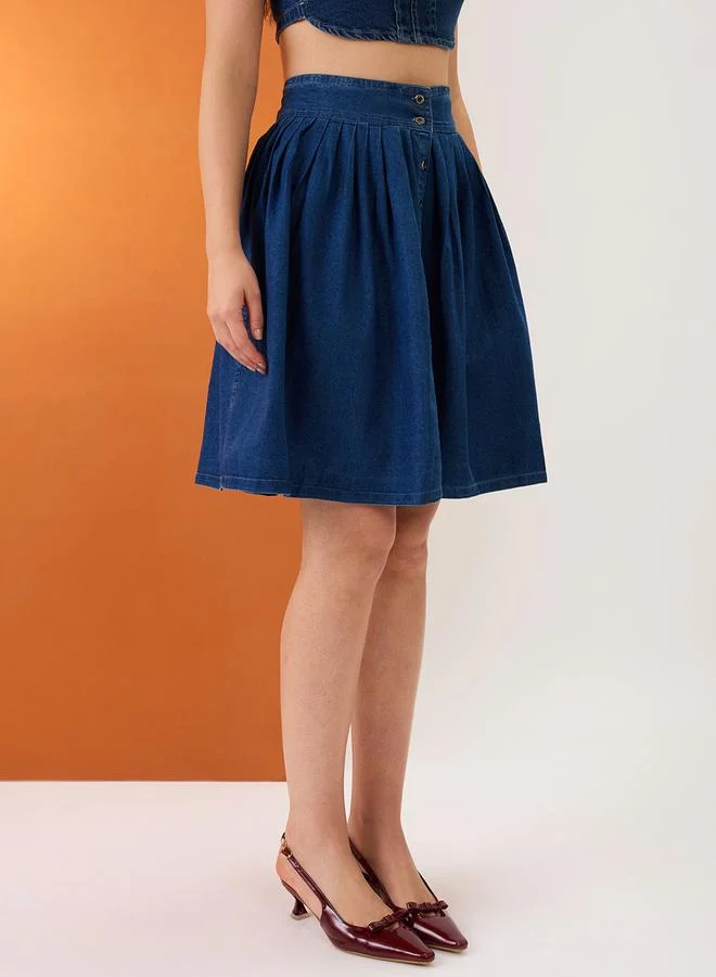 globus Blue Pleated Button-Down Mini Denim Skirt