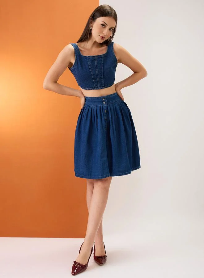 globus Blue Pleated Button-Down Mini Denim Skirt