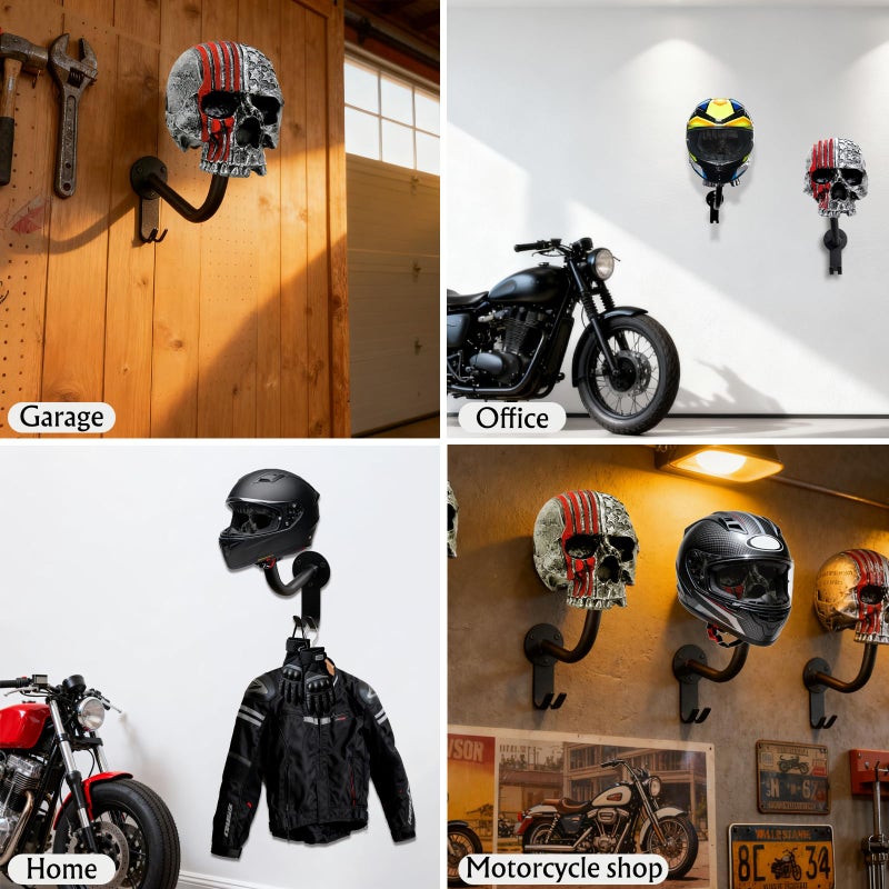 Tooyuart Motorcycle Helmet Rack Wall Mount,Red Skull Helmet Holder Wall Mount with 2 Hooks Helmet Hanger for Coats, Caps, Baseballs and Rugby Helmet,Motorcycle Accessories - Image 5