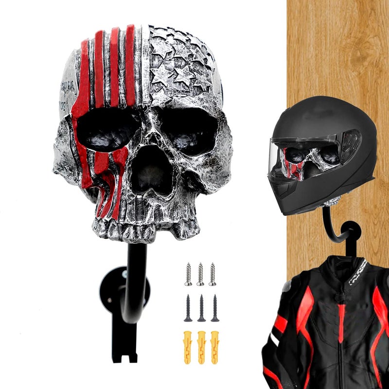 Tooyuart Motorcycle Helmet Rack Wall Mount,Red Skull Helmet Holder Wall Mount with 2 Hooks Helmet Hanger for Coats, Caps, Baseballs and Rugby Helmet,Motorcycle Accessories - Image 1