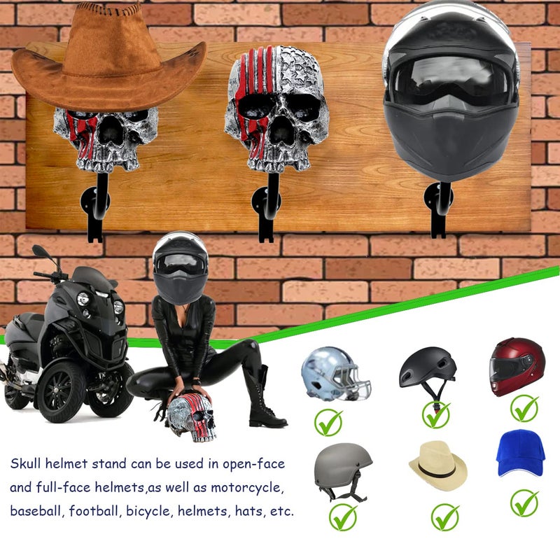 Tooyuart Motorcycle Helmet Rack Wall Mount,Red Skull Helmet Holder Wall Mount with 2 Hooks Helmet Hanger for Coats, Caps, Baseballs and Rugby Helmet,Motorcycle Accessories - Image 3