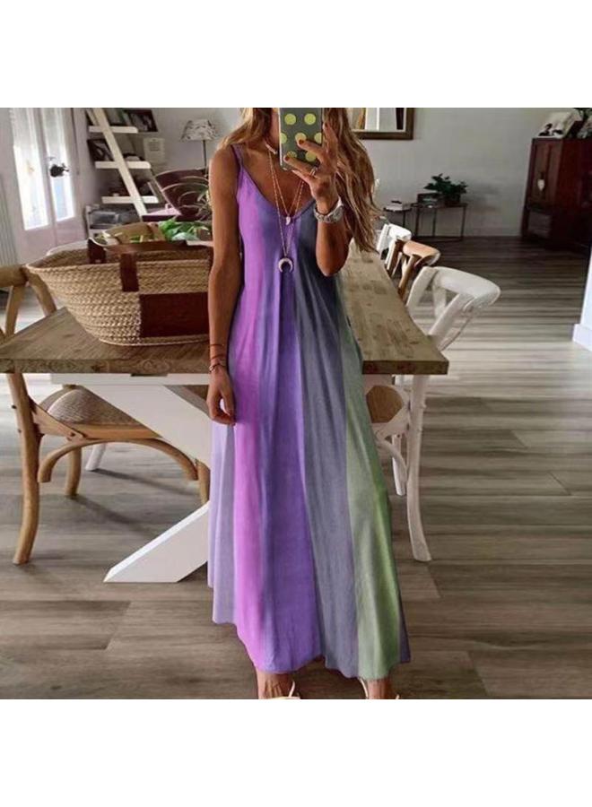 European And American Summer New Women's Fashion Printed Round Neck Sling Dress