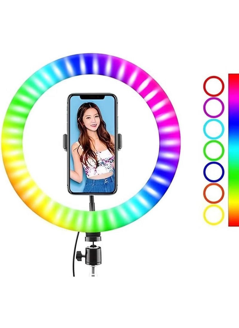 MJ30 RGB LED Ring Light with Tripod – Dimmable Soft Lighting, 360° Rotation – White