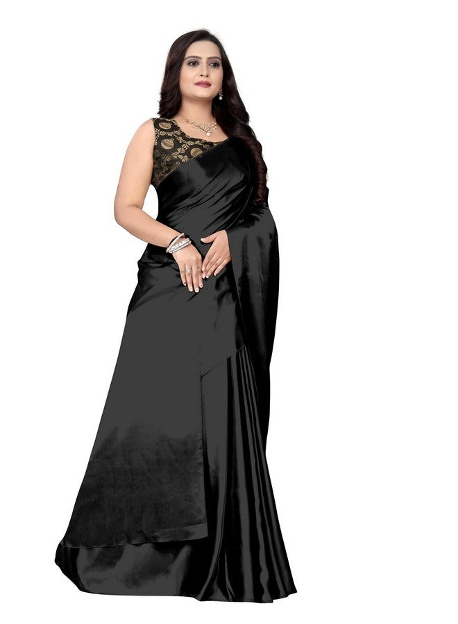 Women's Satin Silk Solid Saree Matka Saree Black - Image 1