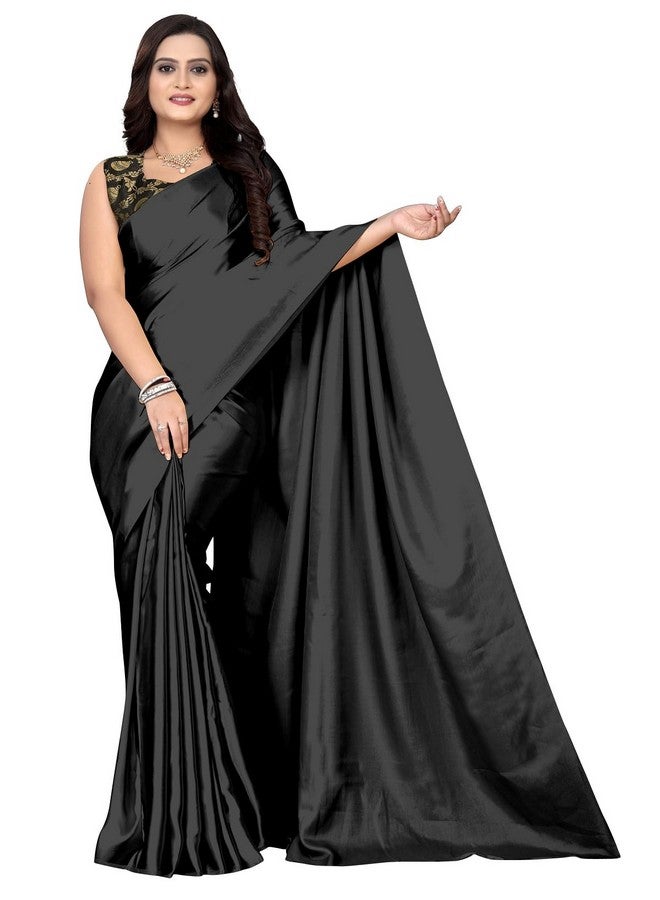 Women's Satin Silk Solid Saree Matka Saree Black - Image 4