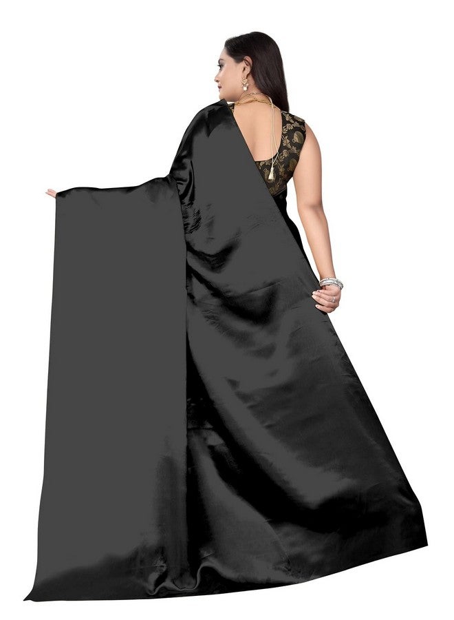 Women's Satin Silk Solid Saree Matka Saree Black - Image 2