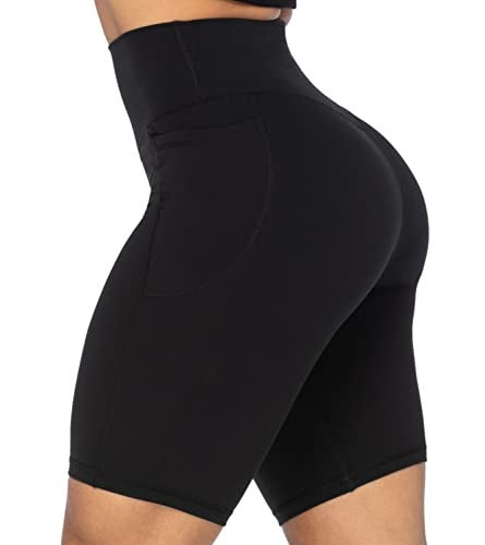 Sunzel No Front Seam Biker Shorts for Women with Pockets, Yoga Workout Gym Bike Shorts with Tummy Control 8" Black X-Large - Image 4