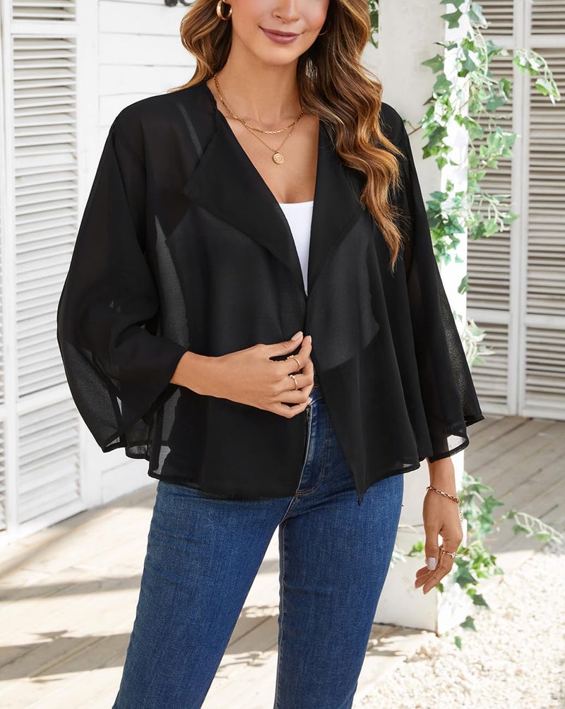 olrain Women Summer Tops 3/4 Chiffon Kimono Cardigans Short Shrugs Cusual Loose Open Front Bolero Cape Cover Up (XX-Large, Black) - Image 5