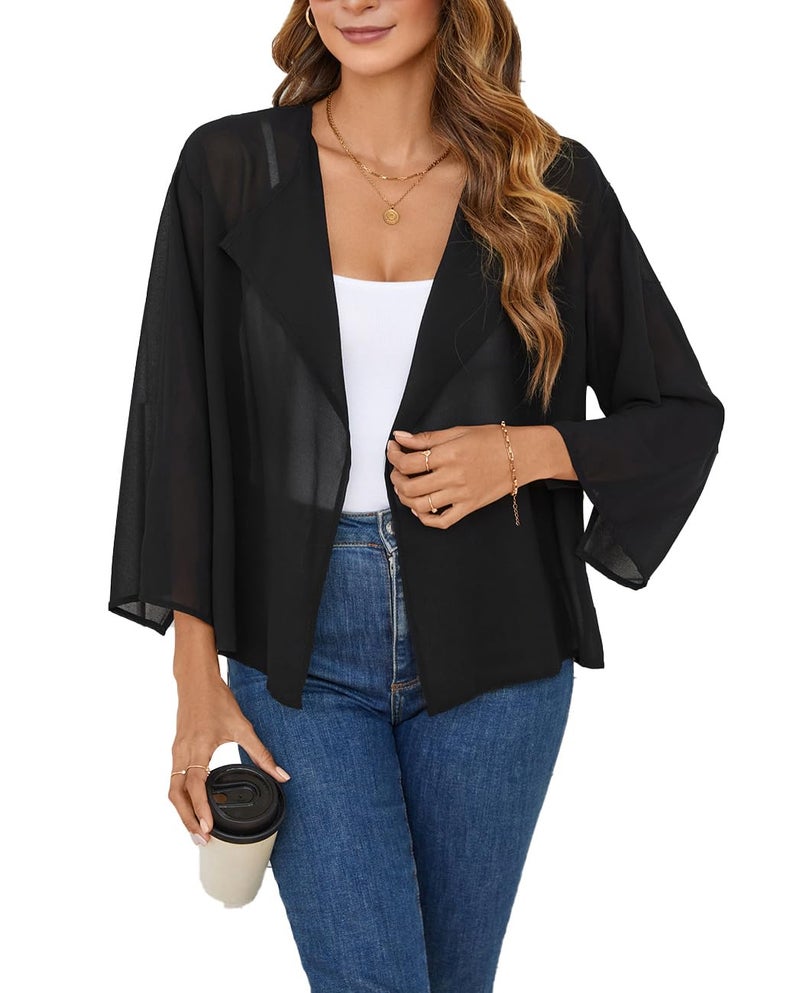 olrain Women Summer Tops 3/4 Chiffon Kimono Cardigans Short Shrugs Cusual Loose Open Front Bolero Cape Cover Up (XX-Large, Black) - Image 1
