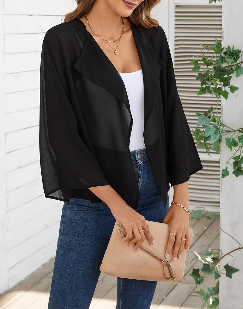 olrain Women Summer Tops 3/4 Chiffon Kimono Cardigans Short Shrugs Cusual Loose Open Front Bolero Cape Cover Up (XX-Large, Black) - Image 3