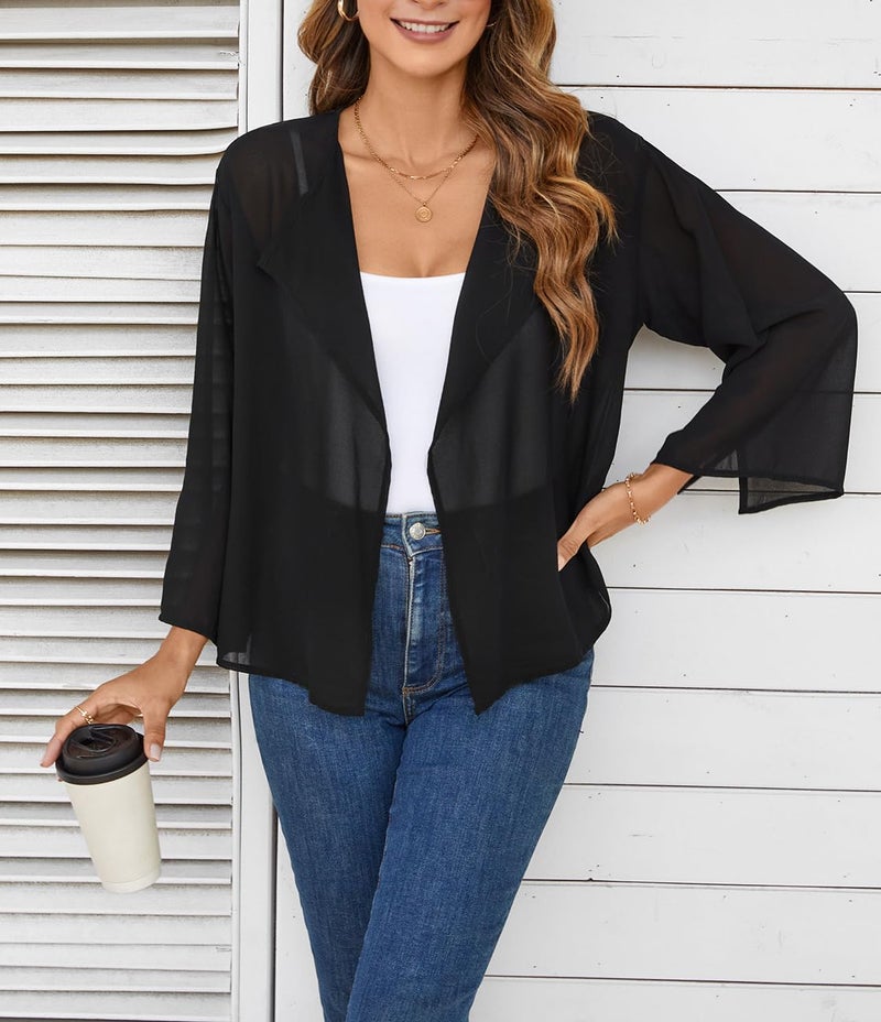olrain Women Summer Tops 3/4 Chiffon Kimono Cardigans Short Shrugs Cusual Loose Open Front Bolero Cape Cover Up (XX-Large, Black) - Image 2
