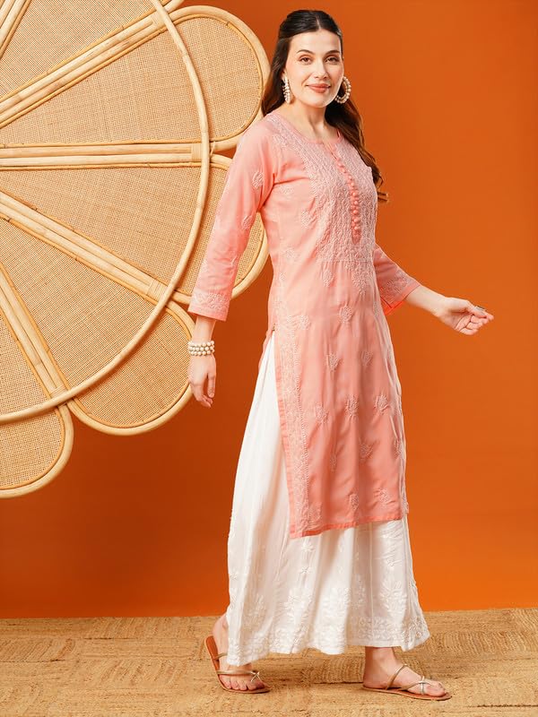 Ada Lucknowi Chikankari Hand Embroidered Cotton Kurta Kurti for Women A411592 Peach (M) - Image 4
