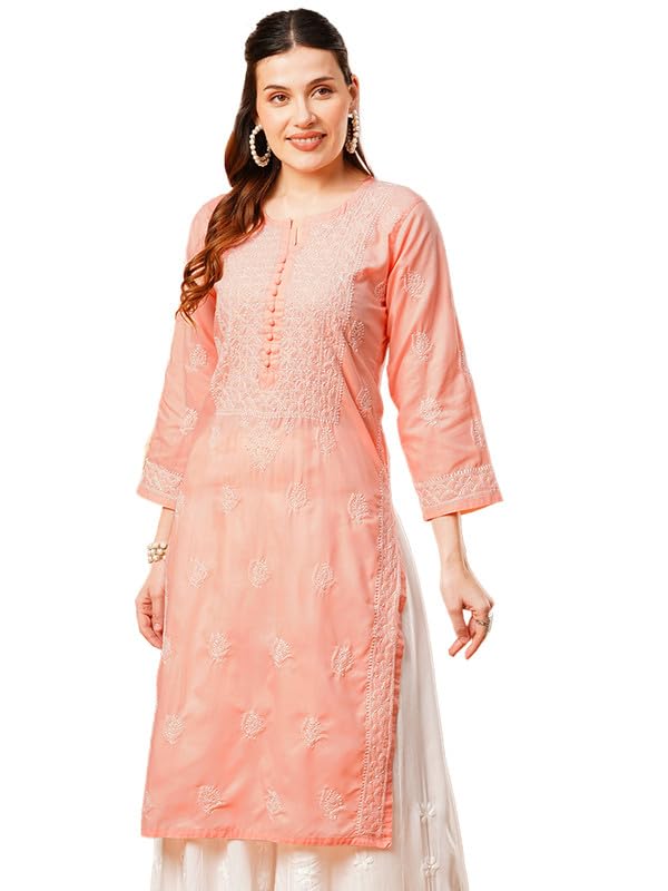 Ada Lucknowi Chikankari Hand Embroidered Cotton Kurta Kurti for Women A411592 Peach (M) - Image 1