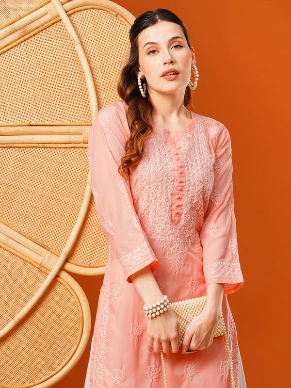 Ada Lucknowi Chikankari Hand Embroidered Cotton Kurta Kurti for Women A411592 Peach (M) - Image 5