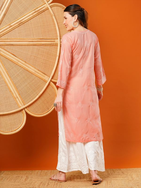 Ada Lucknowi Chikankari Hand Embroidered Cotton Kurta Kurti for Women A411592 Peach (M) - Image 2