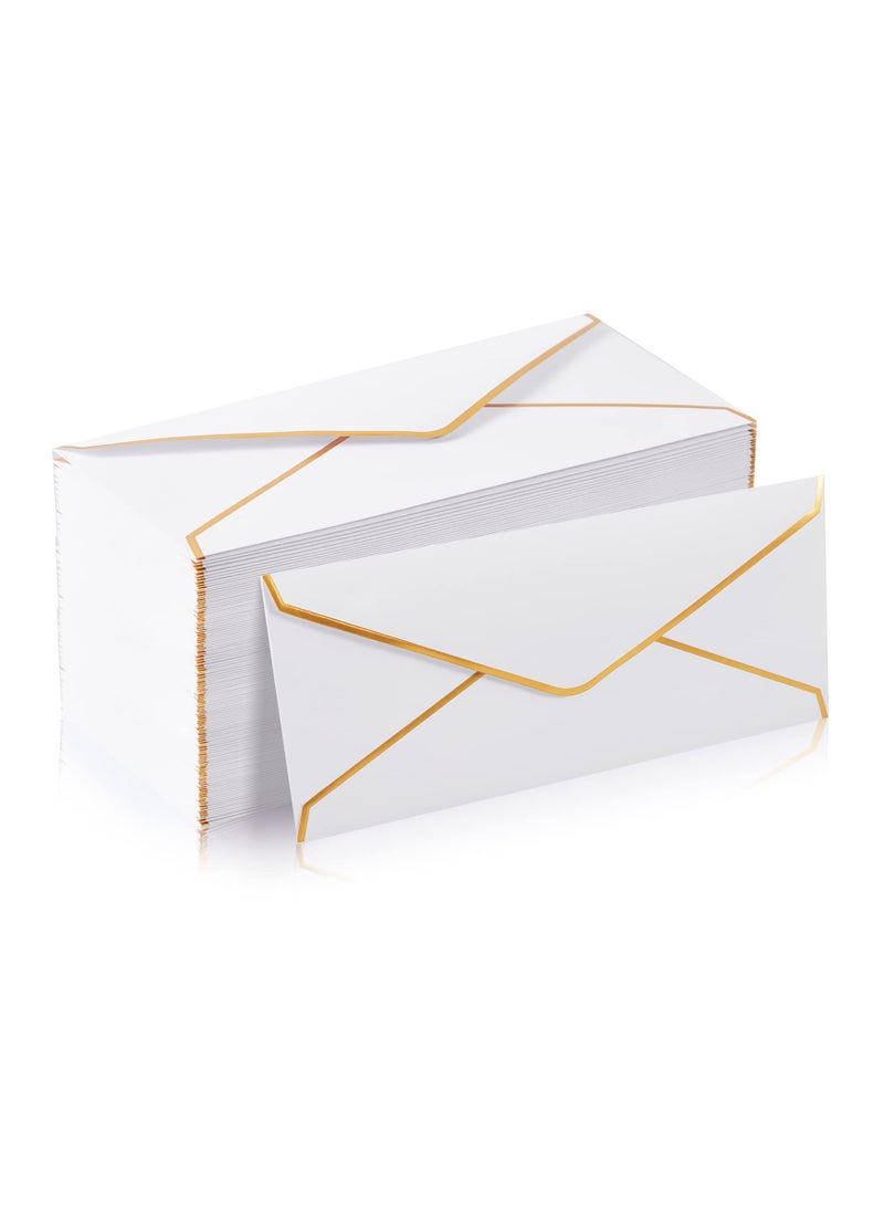Captaintech 25 Elegant White V-Flap Envelopes with Gold Trim Ideal for Business Wedding Invitations Gifts 10x24cm - Image 1
