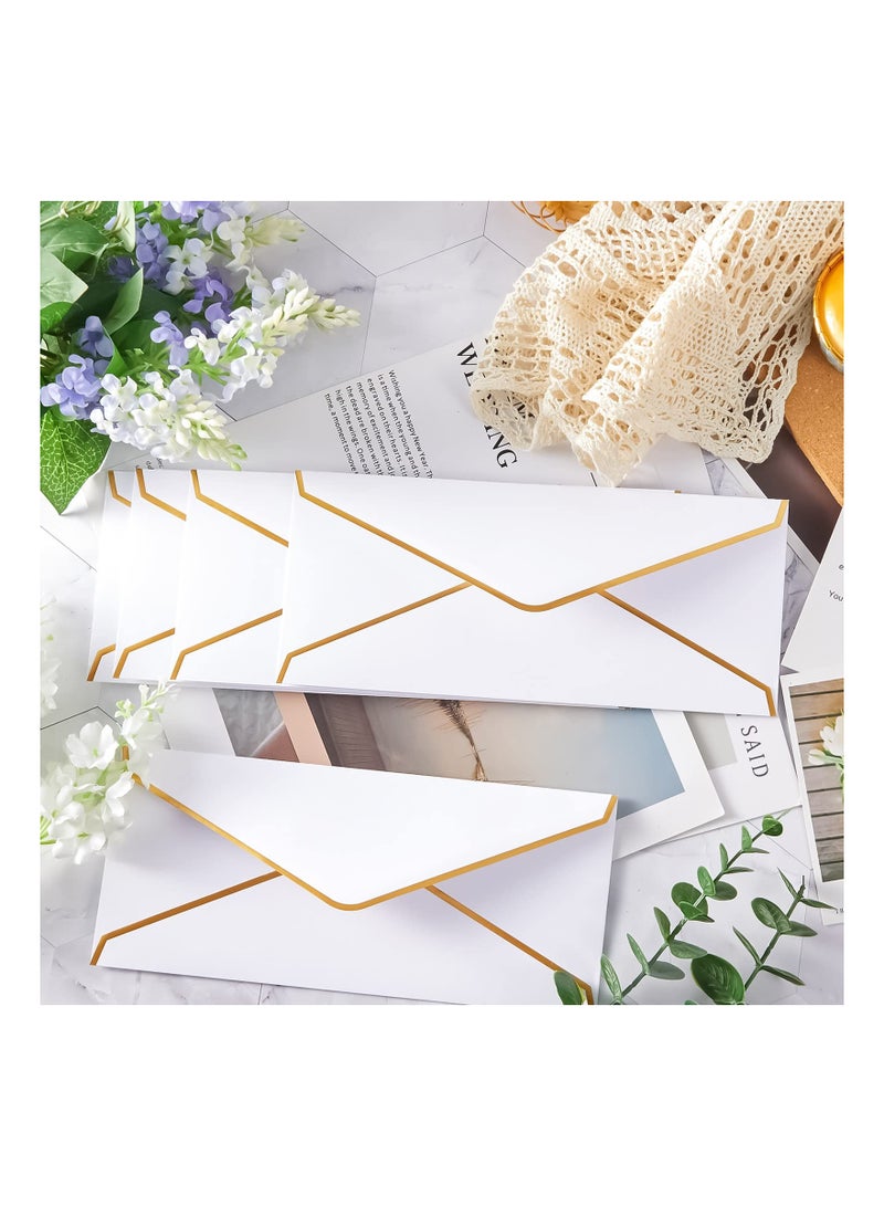 Captaintech 25 Elegant White V-Flap Envelopes with Gold Trim Ideal for Business Wedding Invitations Gifts 10x24cm - Image 3