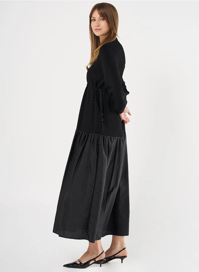 Kayra Drawstring Waist Ruffled Dress Black