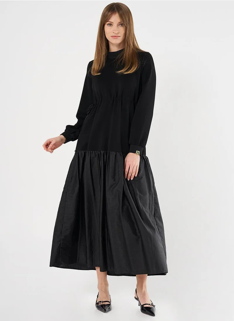 Kayra Drawstring Waist Ruffled Dress Black