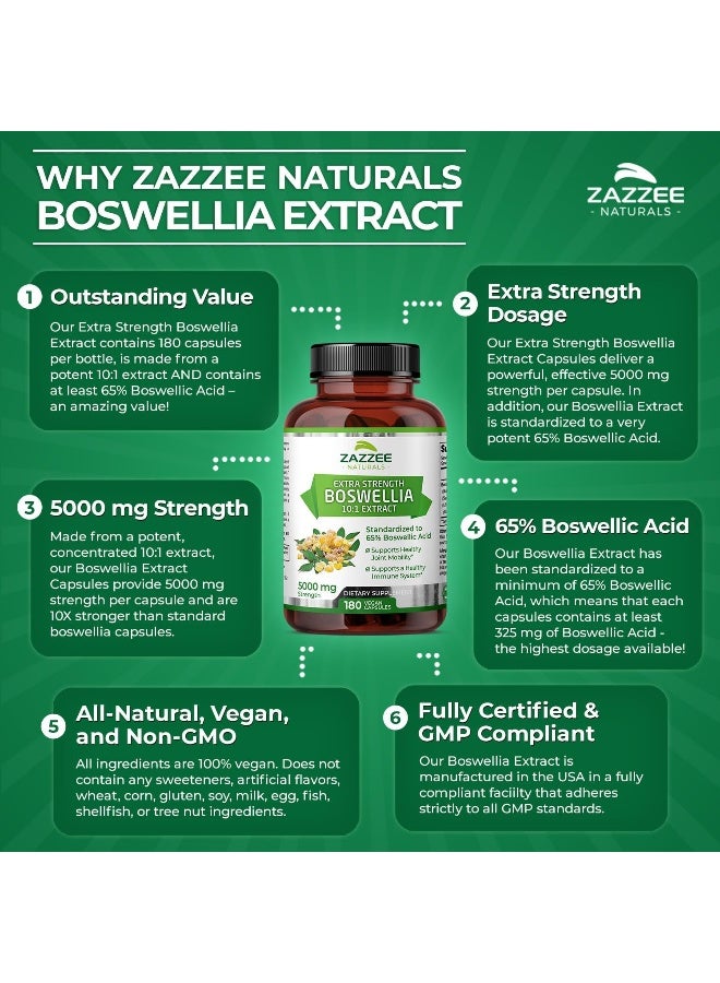 Zazzee Boswellia 10:1 Extract 5000 mg Strength, 65% Boswellic Acid, 180 Vegan Capsules, Potent 10:1 Extract, 6 Month Supply, Non-GMO and All-Natural