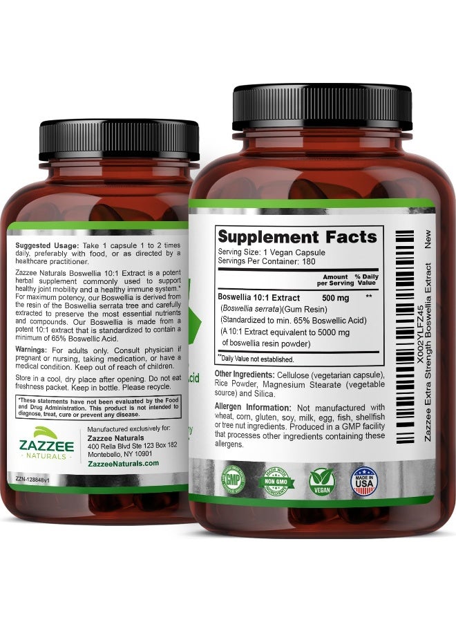 Zazzee Boswellia 10:1 Extract 5000 mg Strength, 65% Boswellic Acid, 180 Vegan Capsules, Potent 10:1 Extract, 6 Month Supply, Non-GMO and All-Natural