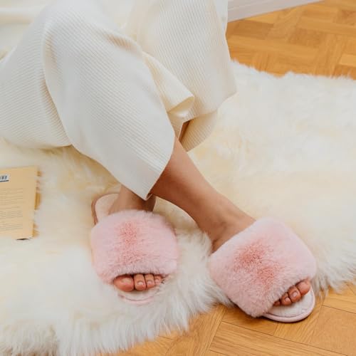 LongBay Women's Open Toe Slippers Fuzzy Fluffy Memory Foam Comfy Slip On Indoor Bedroom Home Slide (Small / 5-6, Pink) - Image 2