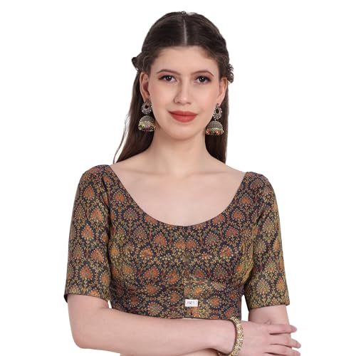 JISB Tissue Blouse, Digital Printed, Elbow Sleeve, Round Neck, (Navy, XL) - Image 1