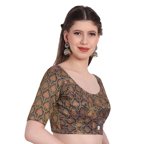 JISB Tissue Blouse, Digital Printed, Elbow Sleeve, Round Neck, (Navy, XL) - Image 2