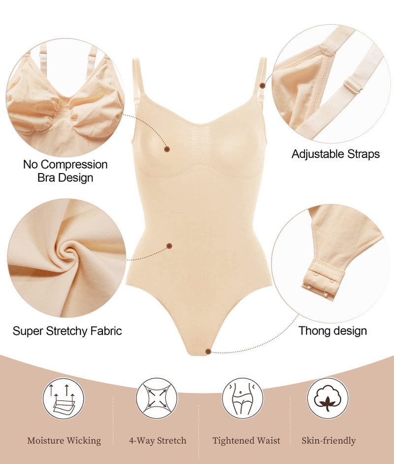 SHAPERX Women's Seamless Shapewear Bodysuit Tummy Control Body Shaper Waist Snatching Body Suit,SZ5215-Beige-XXS/XS - Image 3
