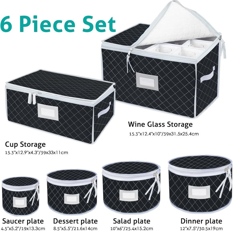 VERONLY China Dinnerware Storage Containers Set DishMugStemware Storage Cases  Quilted Box Bins Stackable with DividerhandlesClear Window for CupsPlatesWine Glasses Moving Set of 6 Black - Image 2