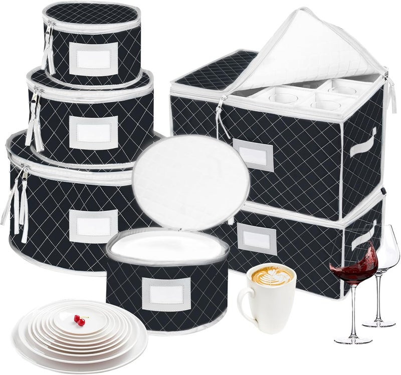 VERONLY China Dinnerware Storage Containers Set DishMugStemware Storage Cases  Quilted Box Bins Stackable with DividerhandlesClear Window for CupsPlatesWine Glasses Moving Set of 6 Black - Image 1