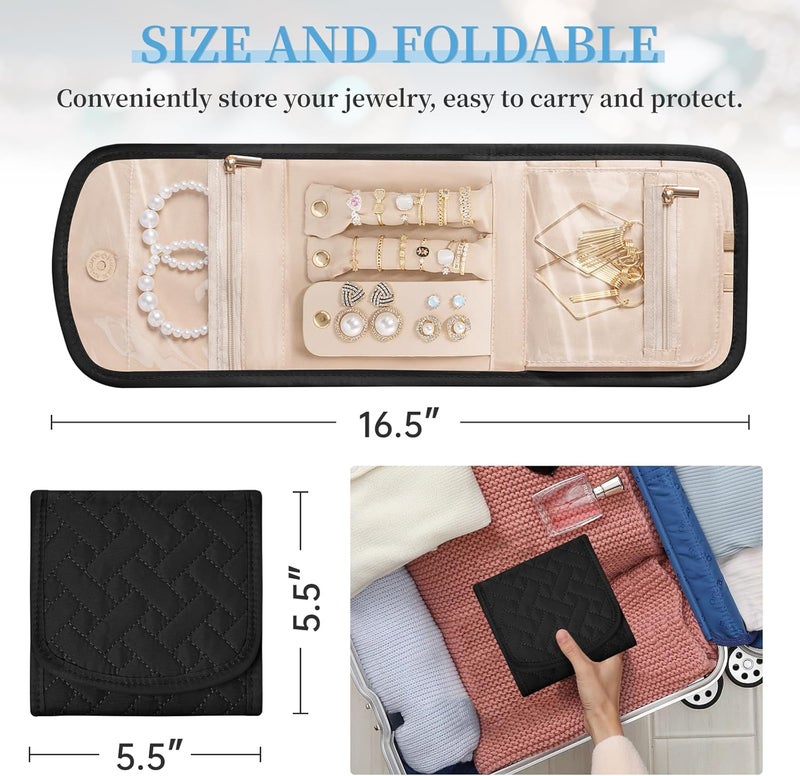 LASUK Travel Jewelry Holder Organizer Case, Foldable Jewelry Storage Bag, for Necklaces Rings Earrings Bracelets, Small, Black - Image 3