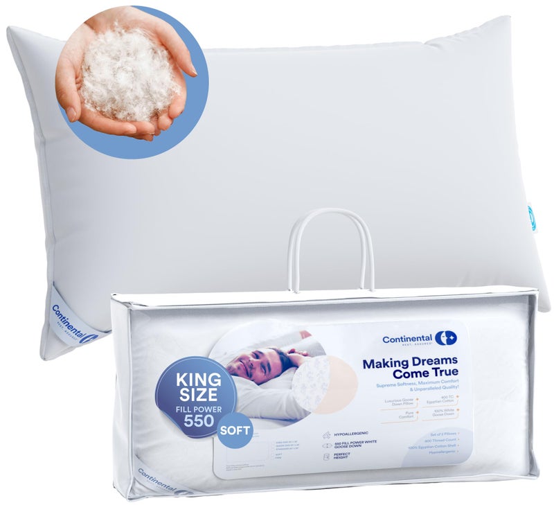 Continental Bedding Continental Bedding  Harmony White Down Pillow  550 Fill Power  400 Thread Count Cotton Cover  Made in USA  Soft King Pack of 1 