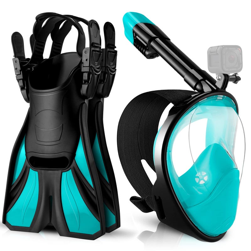 Odoland Snorkeling Packages, Full Face Snorkel Mask for Adults & Youth with Camera Mount, Adjustable Swim Fins, Anti-Fog Anti-Leak Diving Gear for Men Women Teens, Black, S/M - Image 1