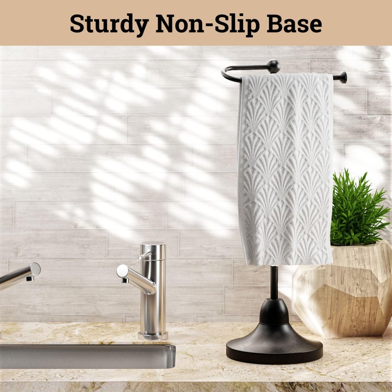HB Design Co. Hand Towel Holder for Bathroom Countertop - 17 Inch Tall Black Free-Standing Hand Towel Stand for Bathroom Counter - Non-Slip Base for Sink Top - Holds Full Size Handtowels, Fingertip, Washcloth - Image 4