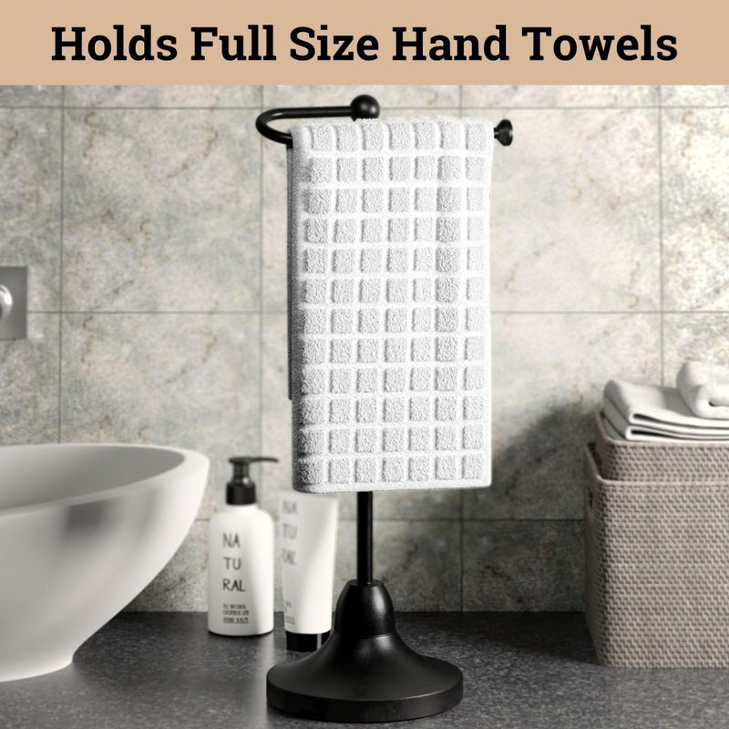 HB Design Co. Hand Towel Holder for Bathroom Countertop - 17 Inch Tall Black Free-Standing Hand Towel Stand for Bathroom Counter - Non-Slip Base for Sink Top - Holds Full Size Handtowels, Fingertip, Washcloth - Image 3
