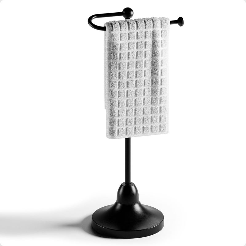 HB Design Co. Hand Towel Holder for Bathroom Countertop - 17 Inch Tall Black Free-Standing Hand Towel Stand for Bathroom Counter - Non-Slip Base for Sink Top - Holds Full Size Handtowels, Fingertip, Washcloth - Image 1