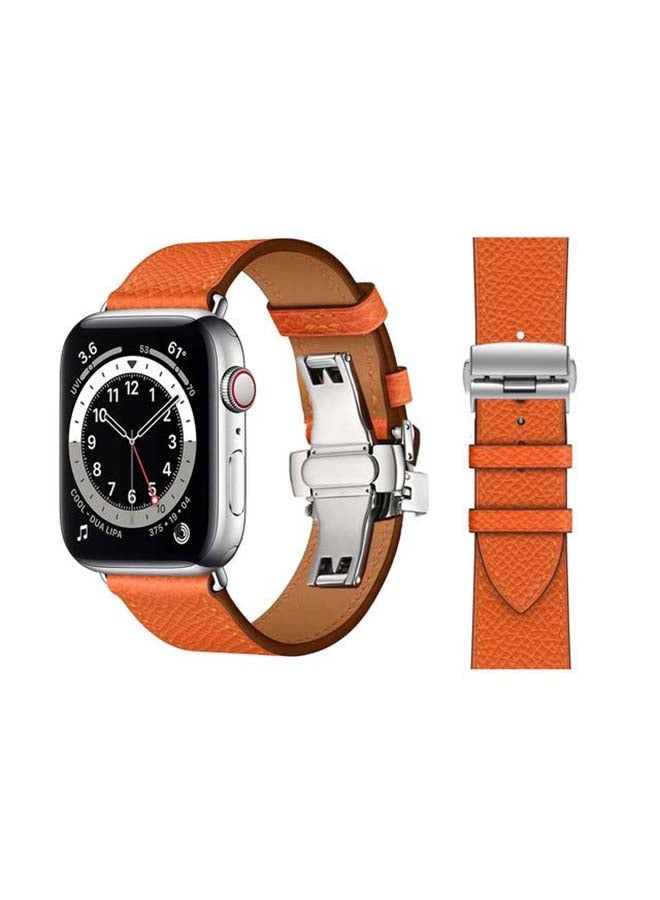 vesus Genuine Leather Replacement Band with Silver Buckle for Apple Watch Series 6/SE/5/4/3/2/1 44/42mm Orange