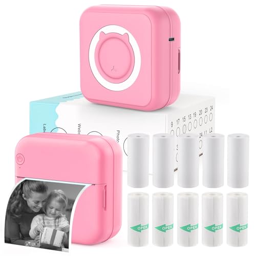 HUIJUTCHEN Inkless Mini Thermal Pocket Printer Wireless Mini Sticker Printer with 10 Rolls Thermal Paper for iOSAndroid Portable Mini Photo Printer for Notes Journal Memo Photo Study Pink - Image 1