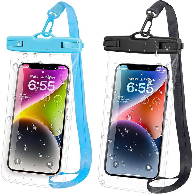 TARAVEE Waterproof Phone Pouch, IPX8 Universal Waterproof Phone Case Dry Bag with Lanyard for iPhone 14 13 12 11 Pro Max XR X XS SE 8 Plus Samsung S23 S22 Ultra S21 S10 S9 up to 7" (Black + Blue) - Image 1