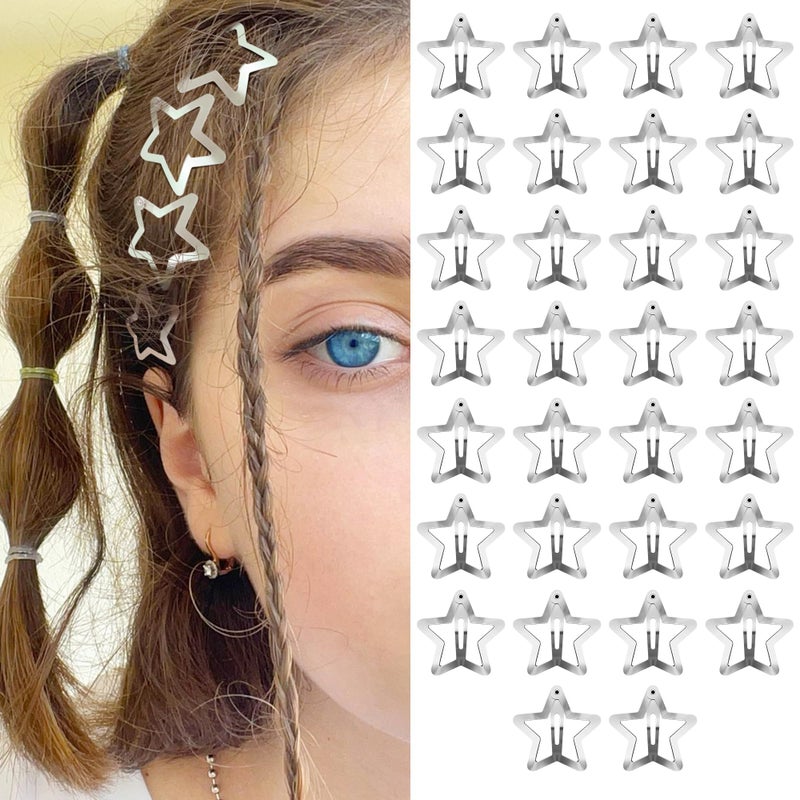 SAOROPEB Star Hair Clips 2000s Y2K Snap Hair Barrettes Non Slip Star Hair Accessories Silver Metal Hair Clips for Girls Women 30 PCS 118
