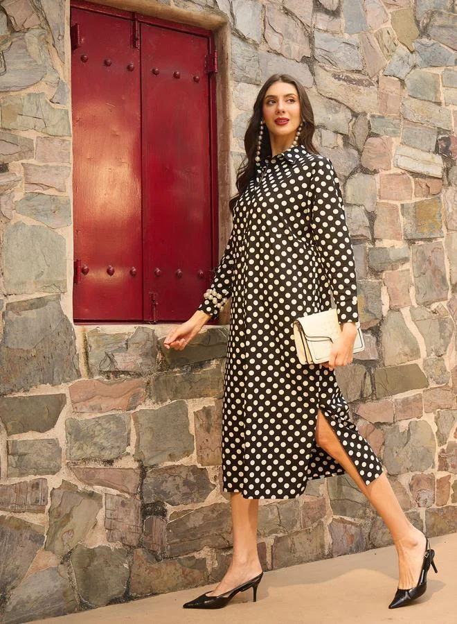 Sassafras Black Polka Dot Cotton Shirt Midi Dress