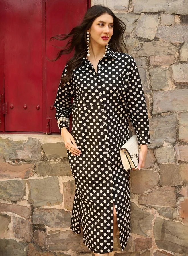 Sassafras Black Polka Dot Cotton Shirt Midi Dress