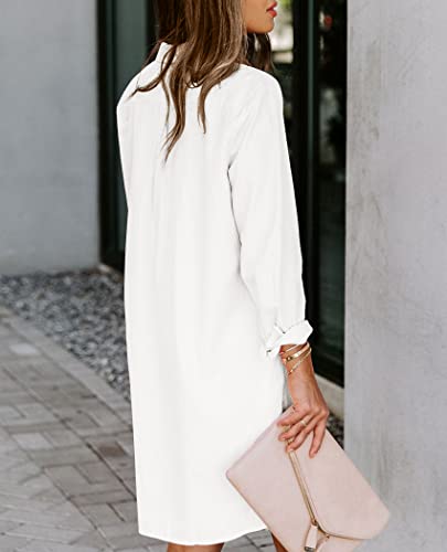 Aoudery Womens Button Down Shirt Dresses with Pockets Cotton Button Up Tunics Long Sleeve Solid High Low Blouse Tops-White-M - Image 2