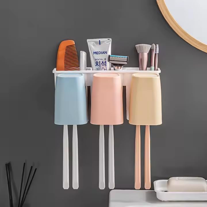 KRUPAVI KRUPAVI Toothbrush Holder Wall Mountable Durable and Stable Plastic Storage Rack with 3 Slots for Keeping Toothpaste, Comb, Cream, Lotion & soap Home and Office - Image 1