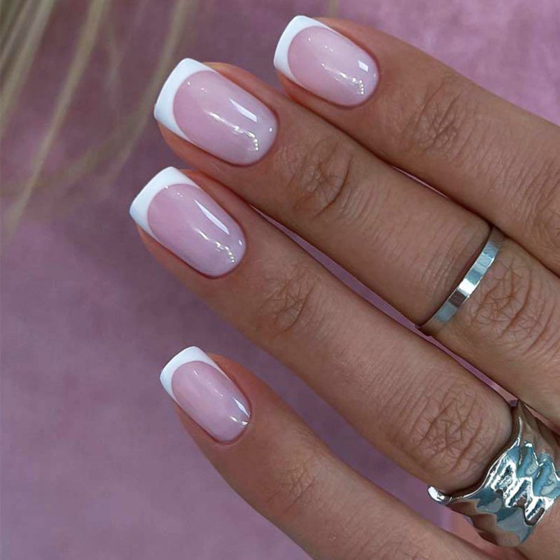 White edge French manicure patch wearing nail, 24 pink fake nails (including jelly glue) - Image 1
