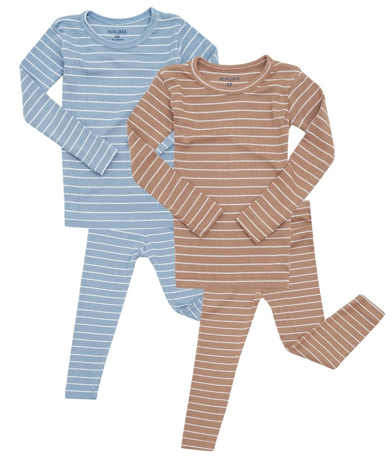 AVAUMA Stripe Pattern Baby Boys Girls Pajama Set Kids Toddler Snug fit Ribbed Sleepwear pjs for Daily Life Style (D.Blue, D.Cm 12-24 Months) (2Pack-Long) - Image 1