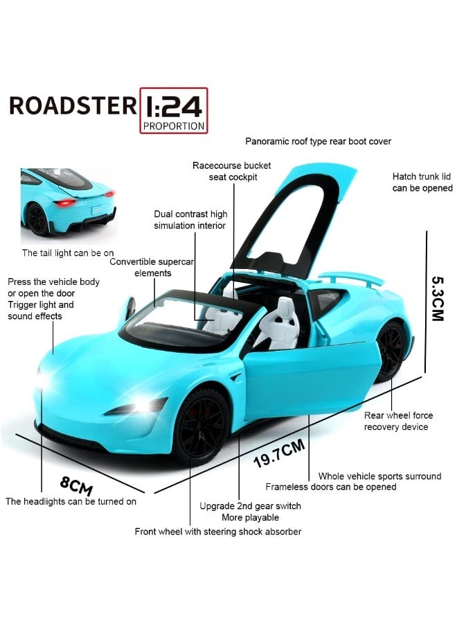 1:24 Scale Tesla Roadster Alloy Diecast Model Car Toy with Lights & Music, Pull Back Action - Blue - Image 2