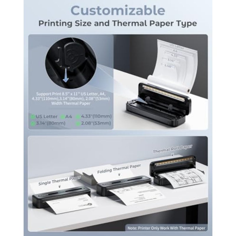 M832 Portable Thermal Printer, Bluetooth Wireless Printer for Travel, Home, Office, Outdoors, Support 2, 3, 4 and A4 Thermal Paper, Compatible with Android and iOS, Black, 300dpi - Image 5