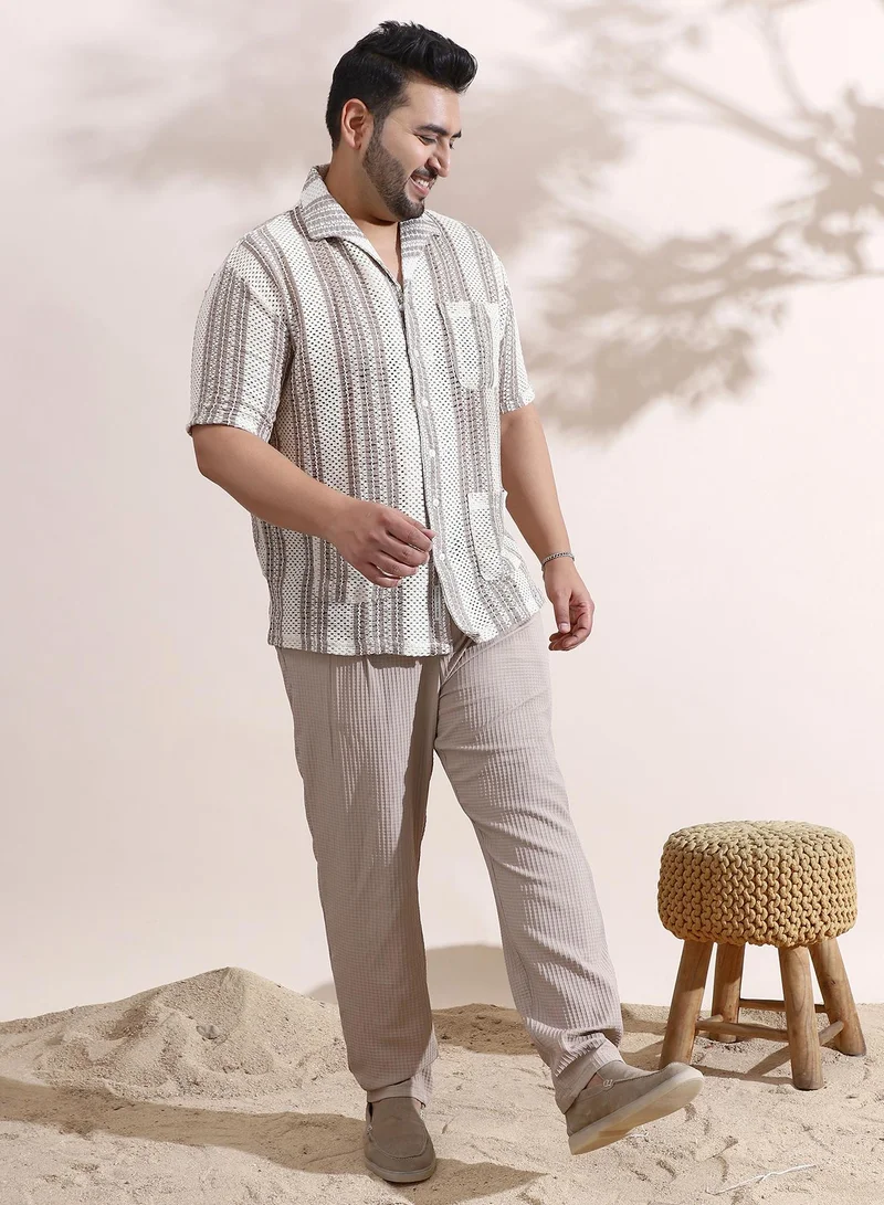 Instafab Plus  Men's Off-White & Brown Striped Open-Knit Relaxed Shirt For Casual Wear | Spread Collar | Short Sleeves | Button Closure | Plus Size Shirt Crafted With Comfort Fit For Everyday Wear for Men | Best Price UAE